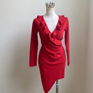 Red Shimmer Asymmetrical Ruffle Dress